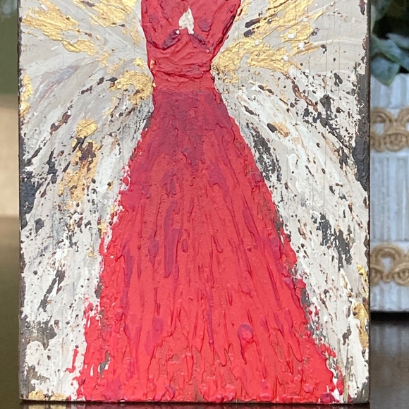 Red Angel Painting on Wood Block. Hand painted. Textured Acrylic Painting - Picture 5 of 8